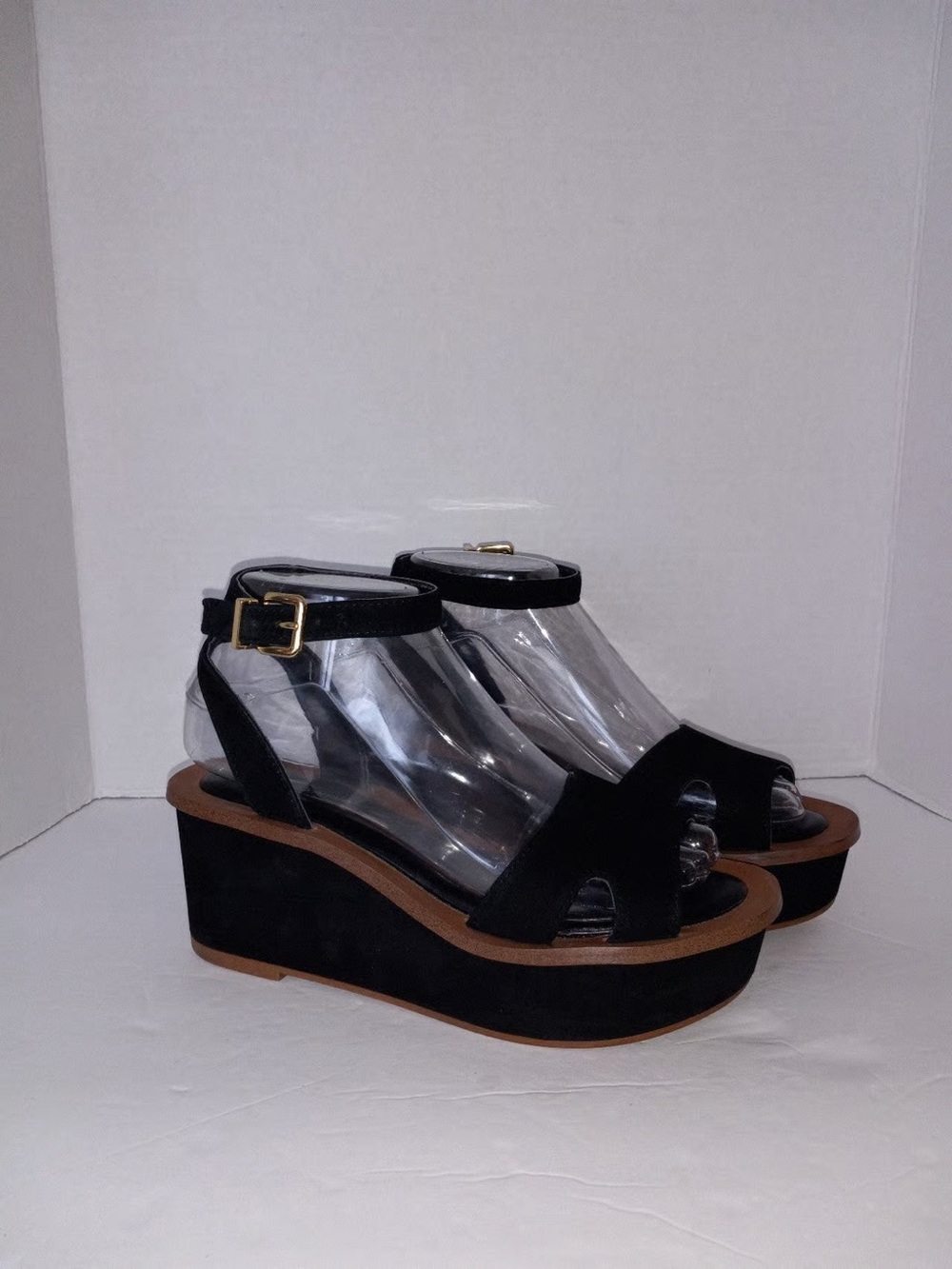 Kensie Black Platform Wedge Sandals with Ankle Strap